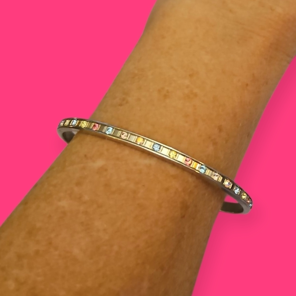 Silvertone Pastel Rainbow Crystal Bangle Bracelet